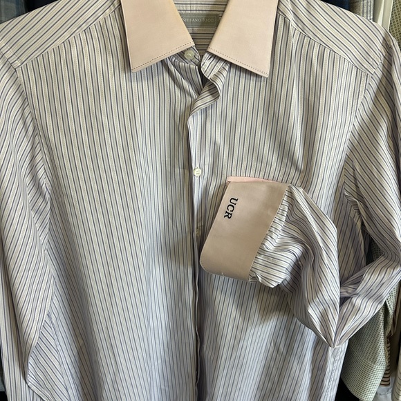 Stefano Ricci Beige and White Striped Dress Shirt